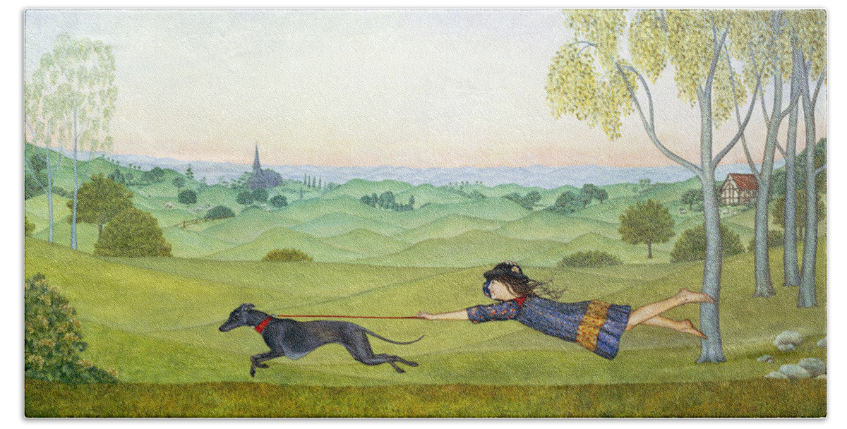 Child Beach Towel featuring the painting Walking the Dog by Ditz
