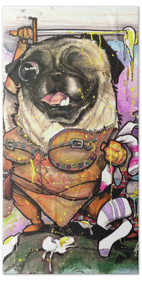 Pug Beach Towel featuring the drawing Warrior Pug by John LaFree