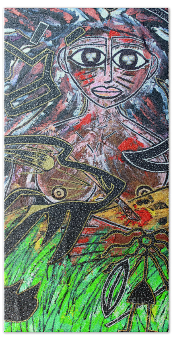  Beach Sheet featuring the painting Warrior Spirit Woman by Odalo Wasikhongo