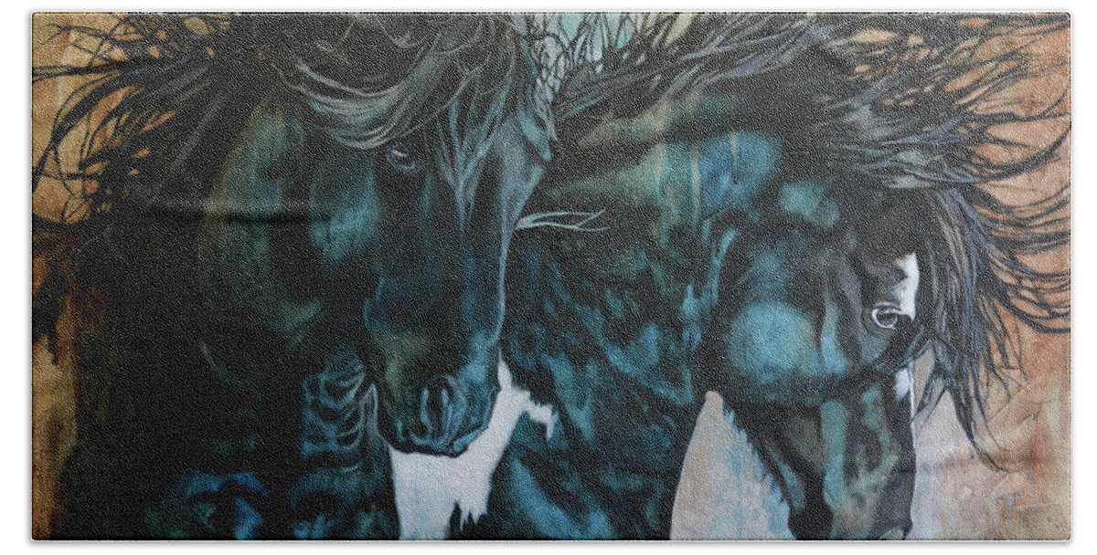 Mustangs Beach Towel featuring the painting Washakie's Thunder by Shaila Yovan Tenorio