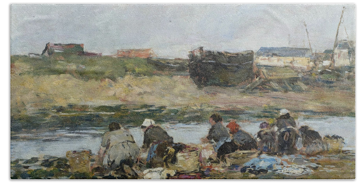 19th Century Art Beach Towel featuring the painting Washers on the Touques near Trouville by Eugene Boudin