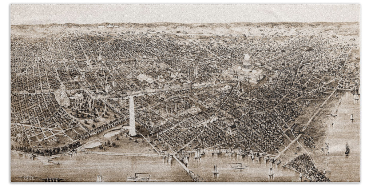 1892 Beach Sheet featuring the drawing Aerial View Of Washington D.c., 1892 by Currier and Ives