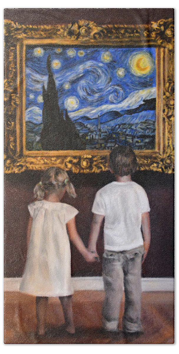 Famous Paintings Beach Towel featuring the painting Watching Starry Night Part 2 by Escha Van den bogerd
