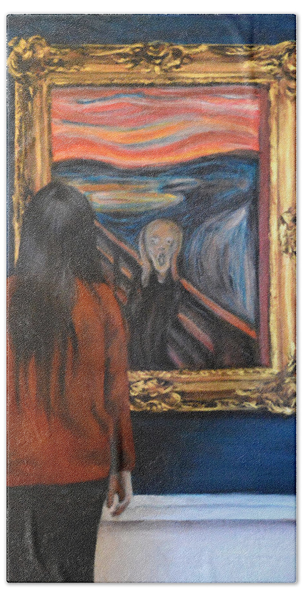 Watching The Scream ( Artist Edvard Munch) Acrylic On Canvas 85x105cm For More Museum Paintings See My Other Work Or Website If You Would Like A Painting Of You Watching Your Favorite Famous Artwork Message Me. Beach Towel featuring the painting Watching The Scream by Escha Van den bogerd