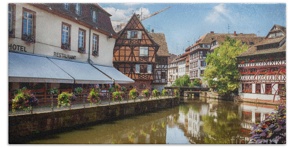 Strasbourg Beach Towel featuring the photograph water canal in Strasbourg, France by Ariadna De Raadt