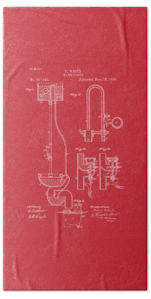 Toilet Beach Sheet featuring the drawing Water Closet Patent Art Red by Prior Art Design