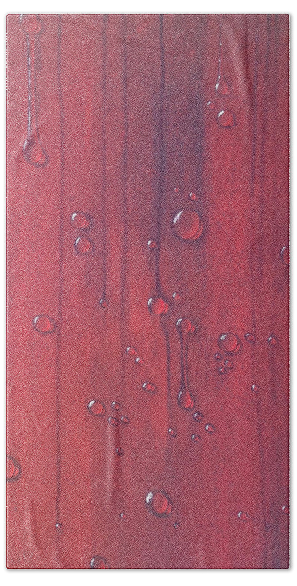 Red Beach Towel featuring the painting Water Drops on Red by Teresa Fry