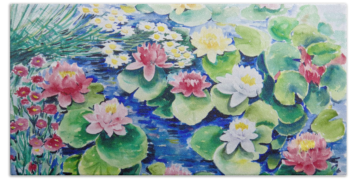 Water Lilies Beach Sheet featuring the painting Water Lilies by Ingrid Dohm