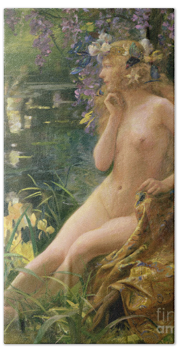 Water Nymph (oil On Canvas) By Gaston Bussiere (1862-1929) Beach Towel featuring the painting Water Nymph by Gaston Bussiere