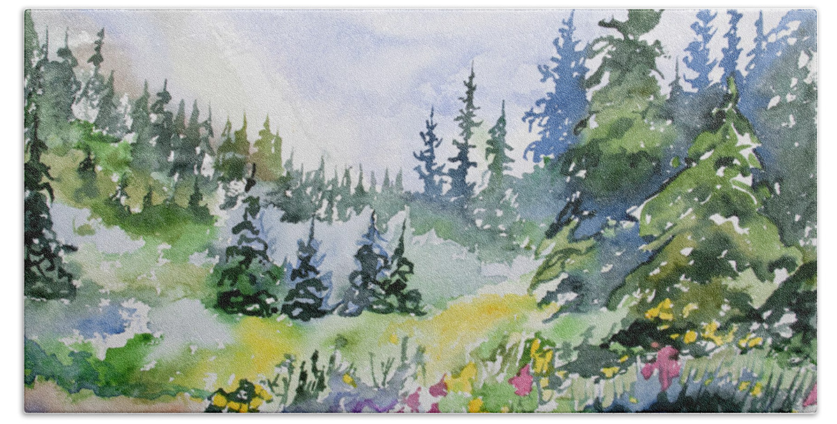 Landscape Beach Towel featuring the painting Watercolor - Colorado Summer Scene by Cascade Colors
