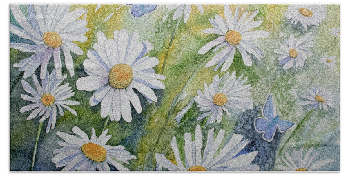 Common Blue Beach Towel featuring the painting Watercolor - Daisies and Common Blue Butterflies by Cascade Colors
