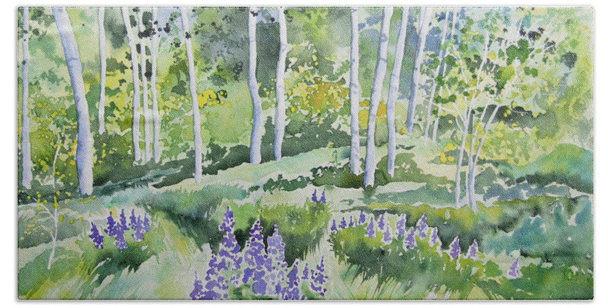 Aspen Beach Sheet featuring the painting Watercolor - Early Summer Aspen and Lupine by Cascade Colors