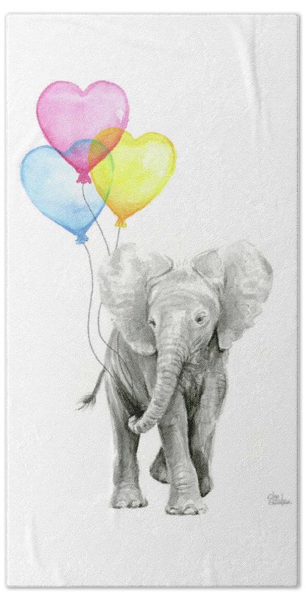 Elephant Beach Towel featuring the painting Watercolor Elephant with Heart Shaped Balloons by Olga Shvartsur