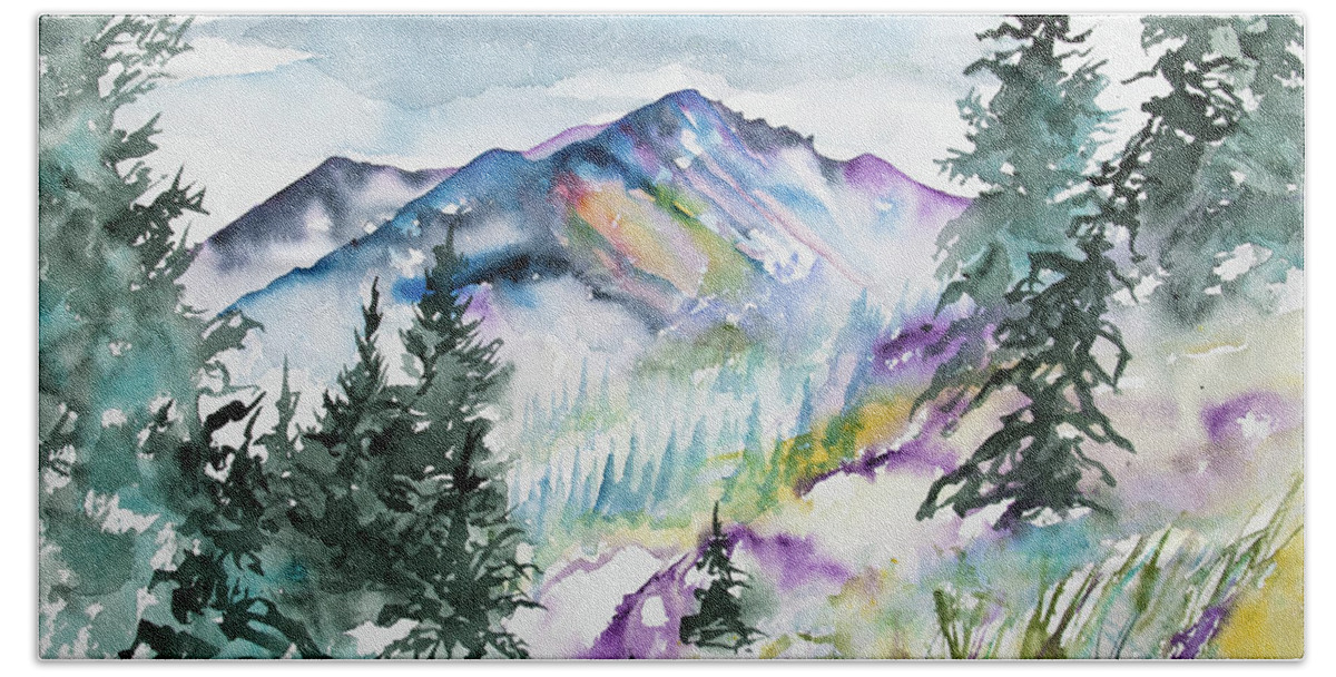 Long's Peak Beach Towel featuring the painting Watercolor - Long's Peak Summer Landscape by Cascade Colors