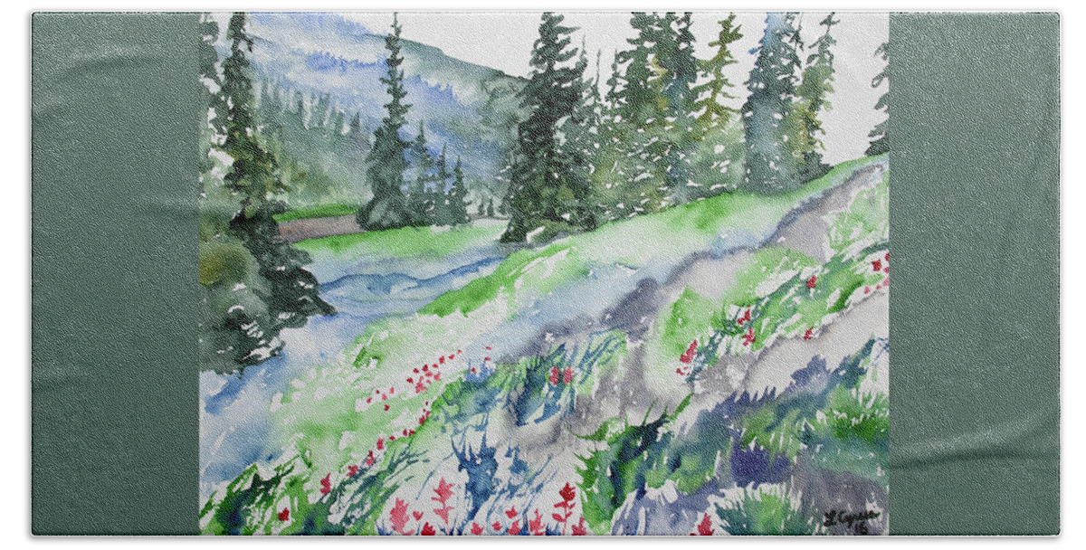 Indian Paintbrush Beach Towel featuring the painting Watercolor - Mountain Pines and Indian Paintbrush by Cascade Colors