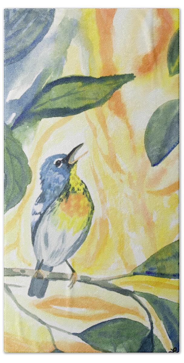 Northern Parula Beach Towel featuring the painting Watercolor - Northern Parula in Song by Cascade Colors