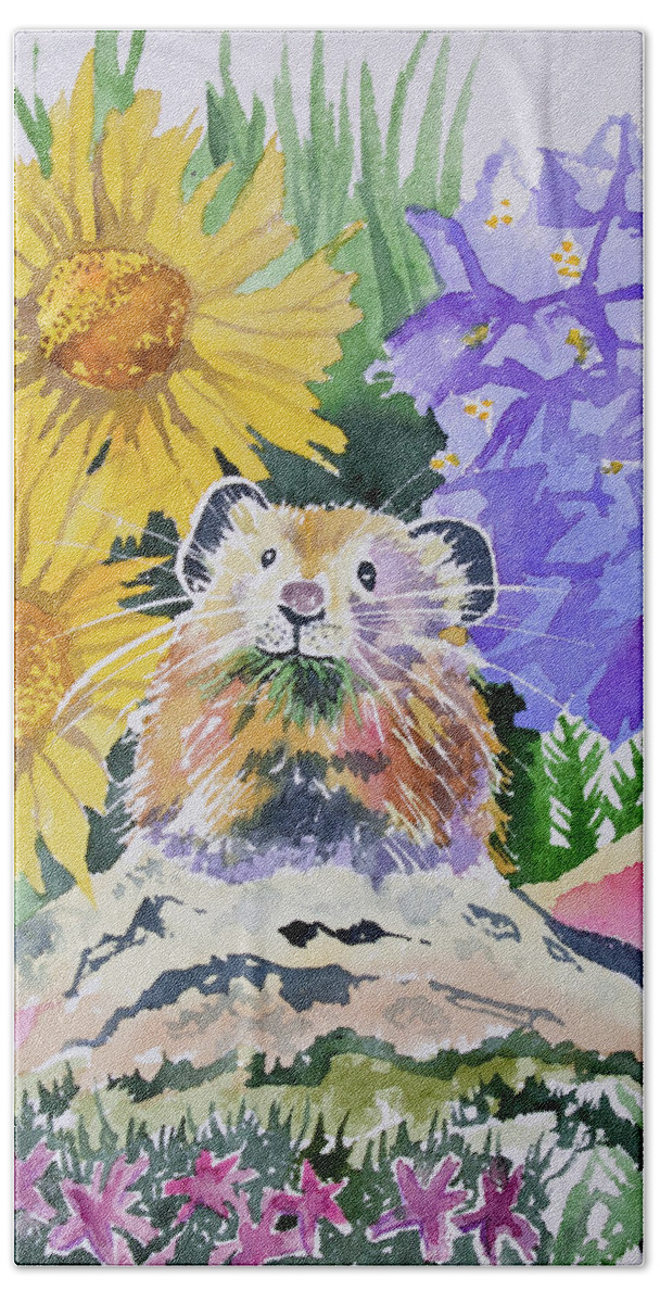 Pika Beach Sheet featuring the painting Watercolor - Pika with Wildflowers by Cascade Colors