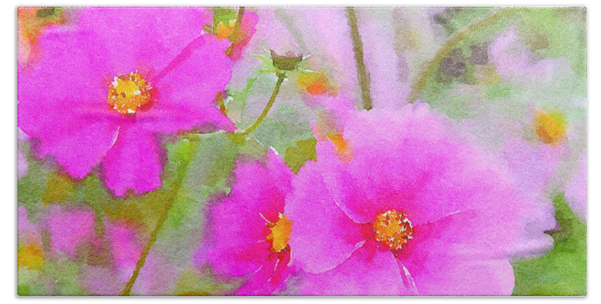 Watercolor Floral Beach Towel featuring the painting Watercolor Pink Cosmos by Bonnie Bruno