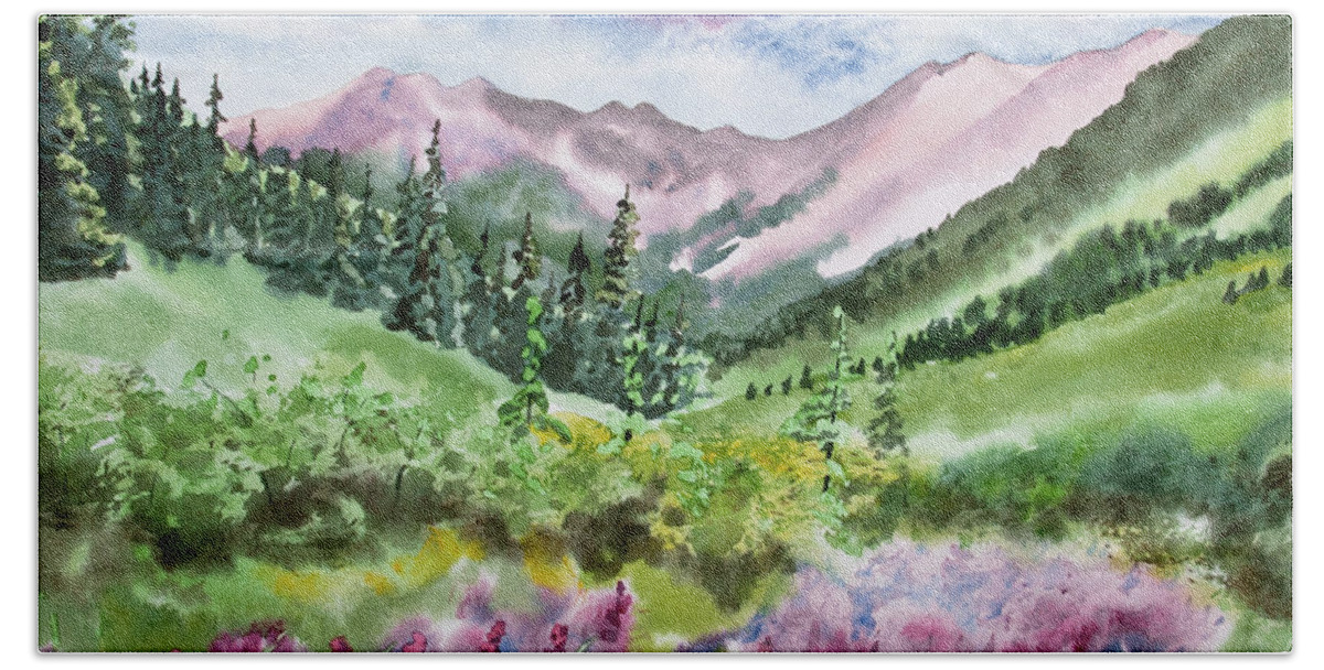 Original Watercolor Beach Sheet featuring the painting Watercolor - San Juans Mountain Landscape by Cascade Colors