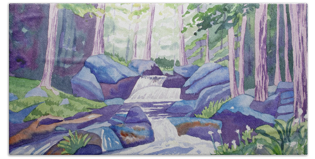Forest Beach Sheet featuring the painting Watercolor - Summer Mountain Forest and Stream by Cascade Colors