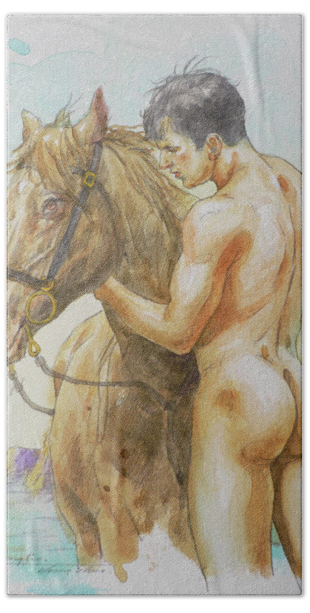 Male Nude Beach Towel featuring the painting Watercolour Male Nude And Horse#18085 by Hongtao Huang