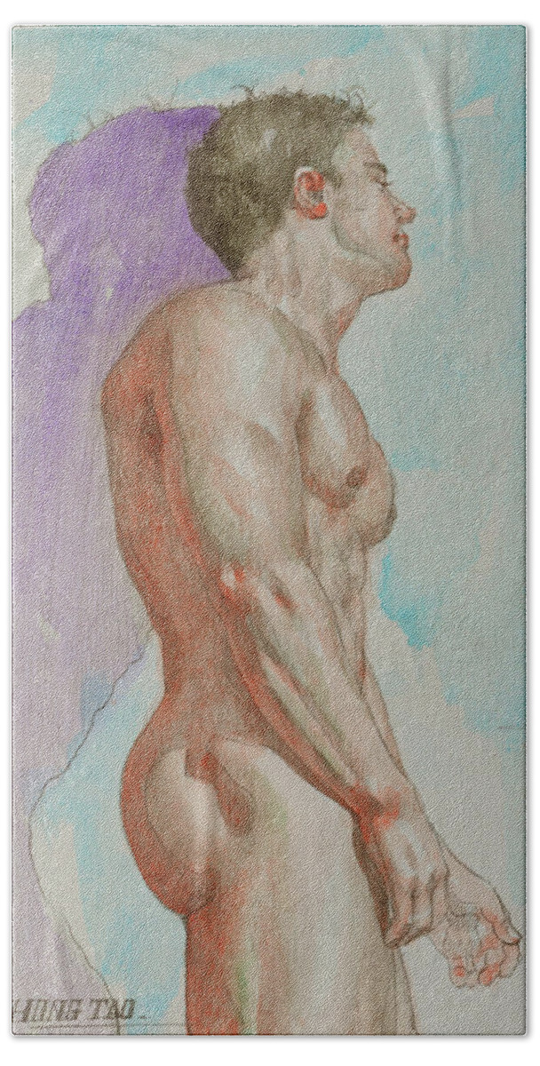 Male Nnude Beach Sheet featuring the painting Watercolour painting male nude by wall #17104 by Hongtao Huang