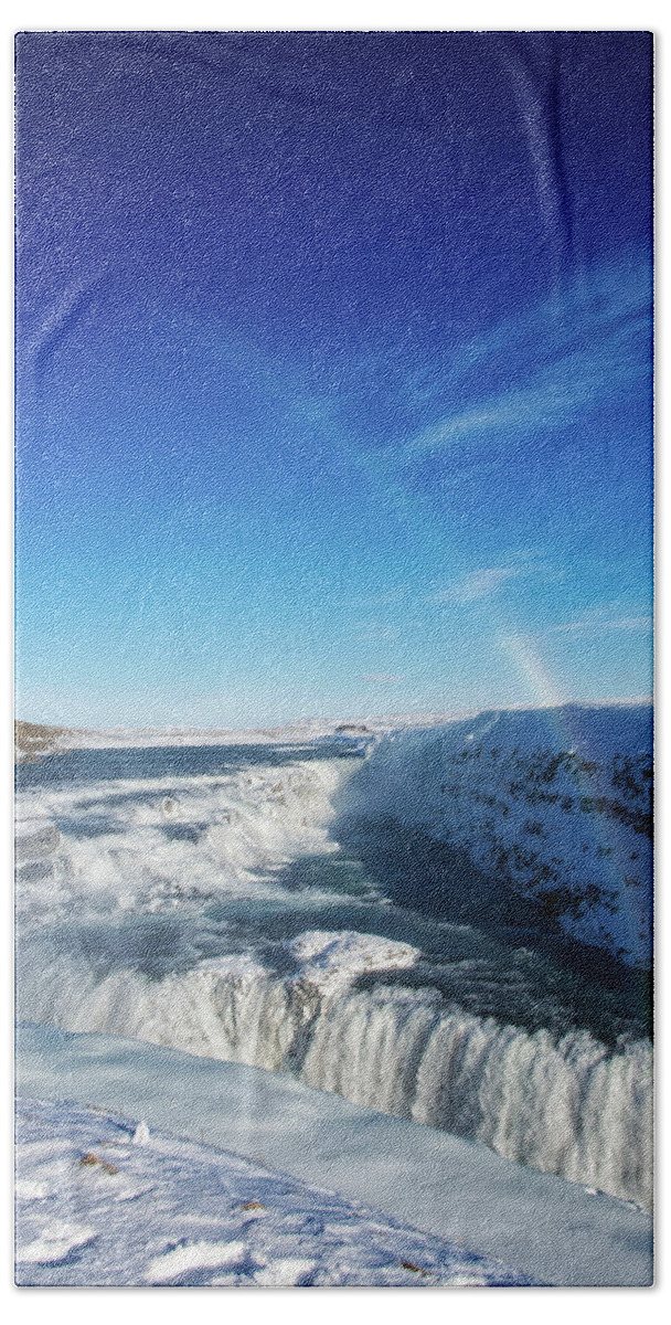 Gullfoss Beach Sheet featuring the photograph Waterfall Gullfoss in winter Iceland Europe by Matthias Hauser