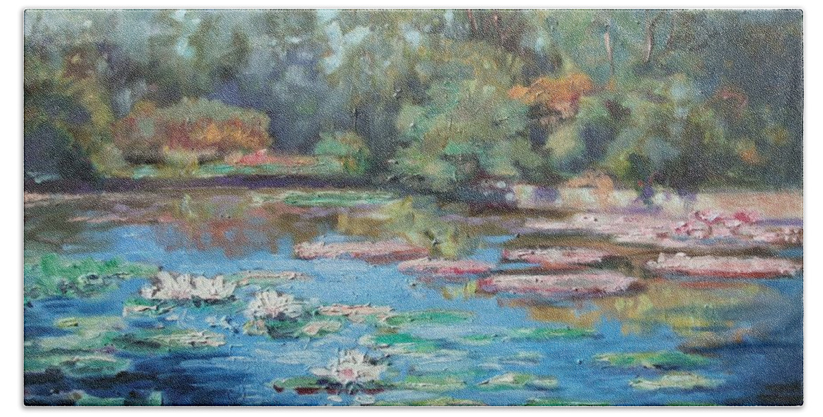 St.louis Beach Towel featuring the painting Waterlilies pond in Tower Grove Park by Irek Szelag