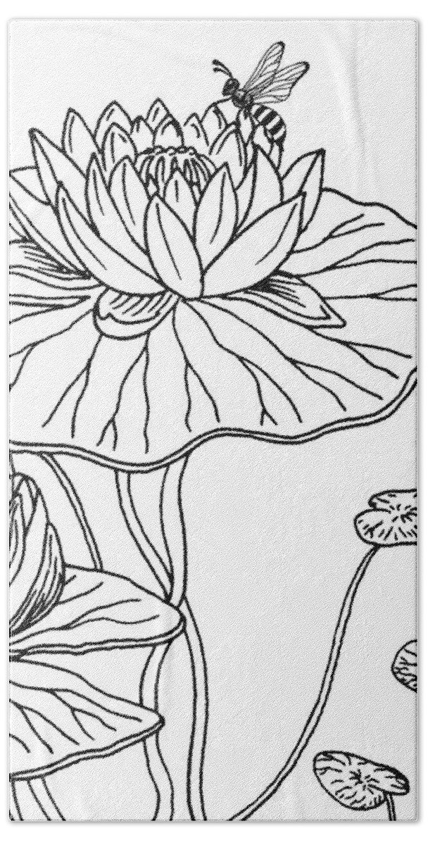Water Lily Beach Towel featuring the drawing Waterlily And Bee Drawing by Irina Sztukowski