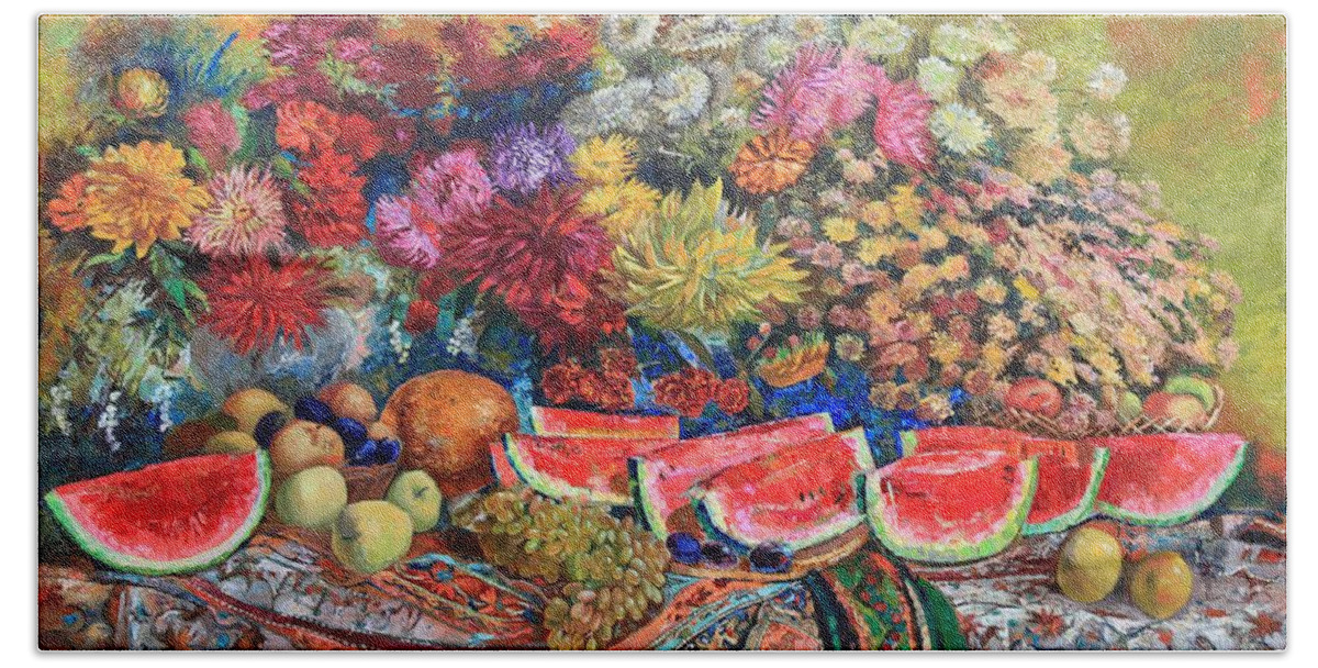 Maya Gusarina Beach Towel featuring the painting Watermelon Symphony by Maya Gusarina