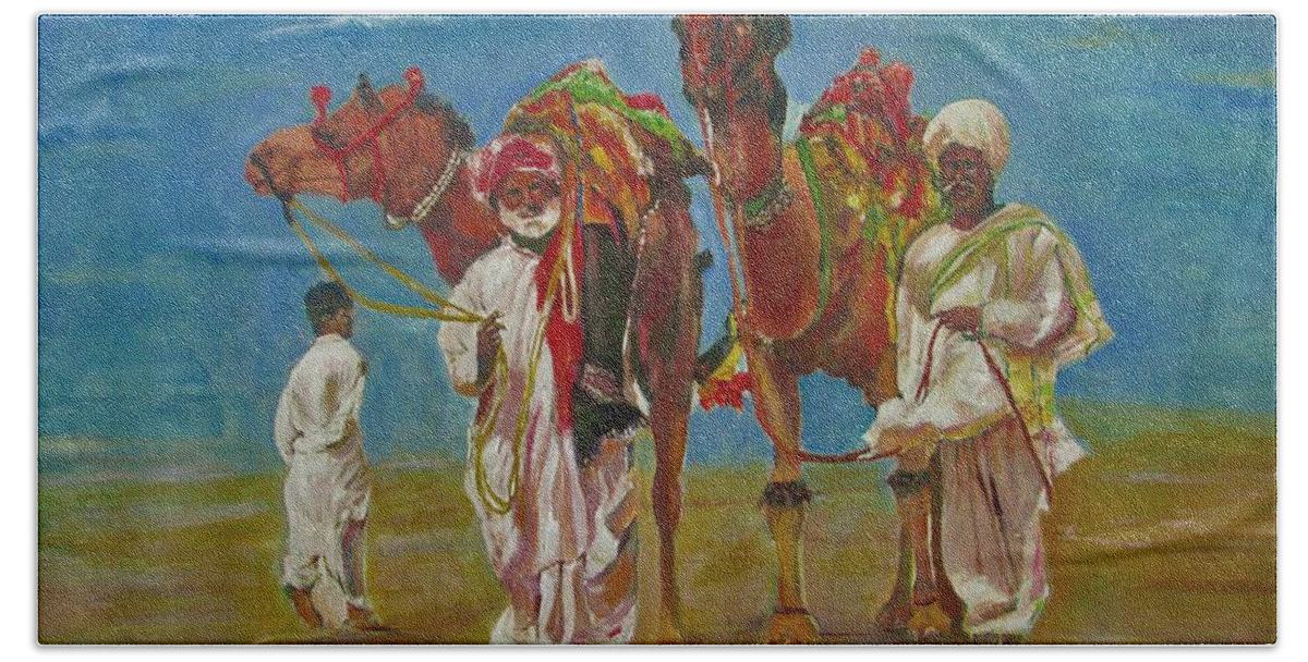 Desert Beach Sheet featuring the painting WAY of life by Khalid Saeed