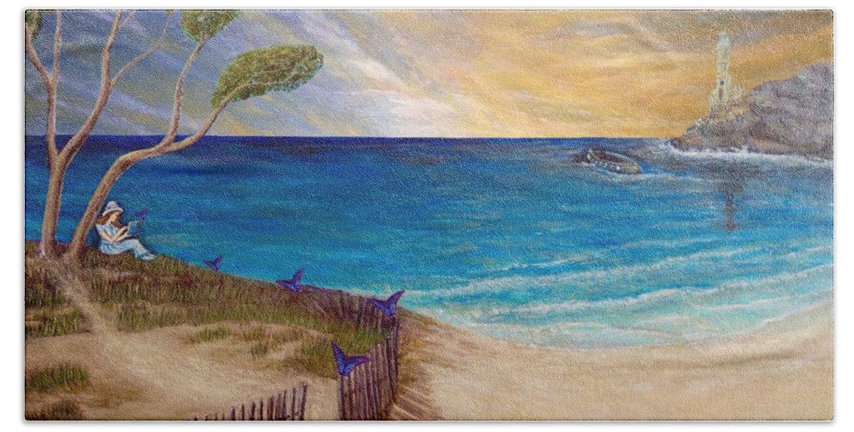 Calm And Tranquil Ocean Scene Golden Orange With White Swirls And Bright Blue Sky Mediterranean Lighthouse Set On Rocky Island Small Boat Waiting To Dock Peaceful And Calm Ocean Water Scene Glistening Golden Taupe Colored Sand On The Shore Enchanted Fence With Opening And Blue Butterflies Lighting On The Fence To Mark The Way Female Figure Sitting On A Hill Pale Blue And White Dress Holding A Book Of Literature Underneath A Mediterranean Pine Tree Acrylic And Digital Work Beach Sheet featuring the painting Way to Escape by Kimberlee Baxter
