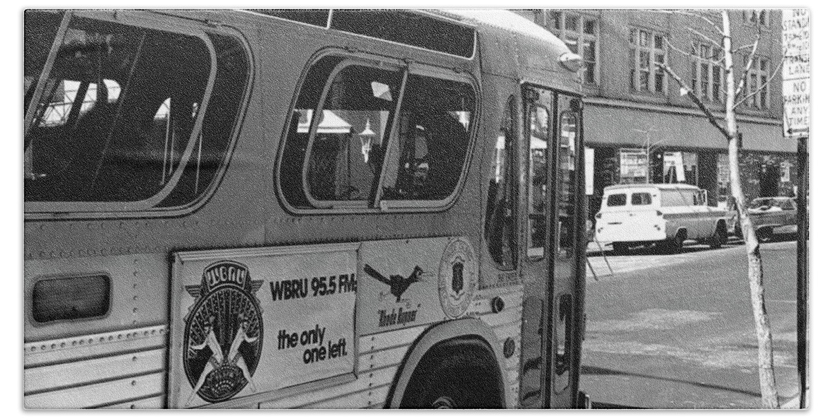 Wbru Beach Towel featuring the photograph WBRU-FM Bus Sign, 1975 by Jeremy Butler