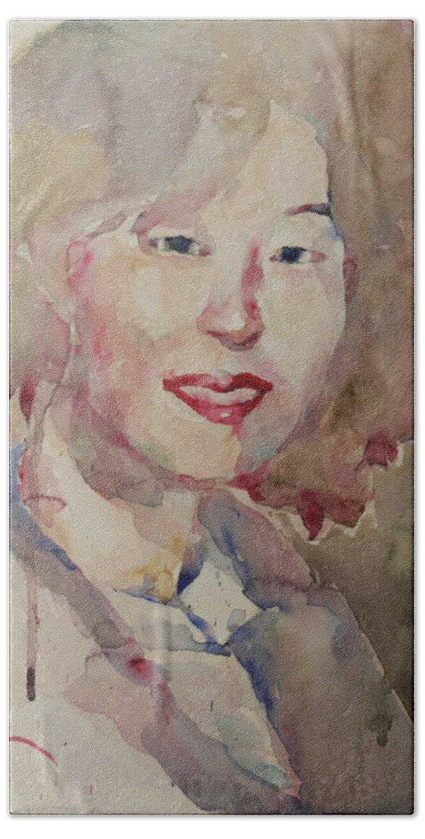Watercolor Beach Sheet featuring the painting WC Portrait 1628 My Sister Hyunsook by Becky Kim
