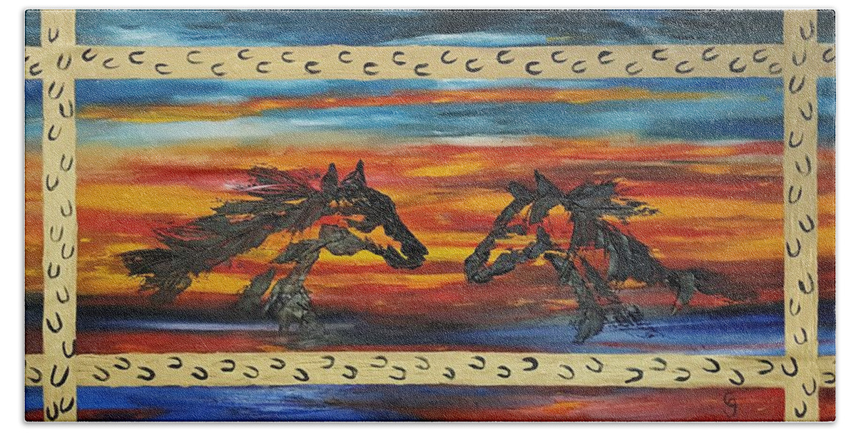 Wild Mustangs Beach Towel featuring the painting We Meet Again    33 by Cheryl Nancy Ann Gordon