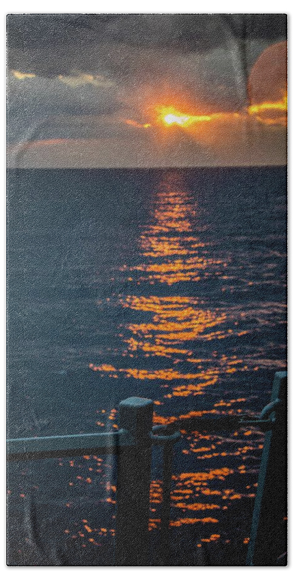 Navy Beach Towel featuring the photograph Weather Deck Sunset by Larkin's Balcony Photography