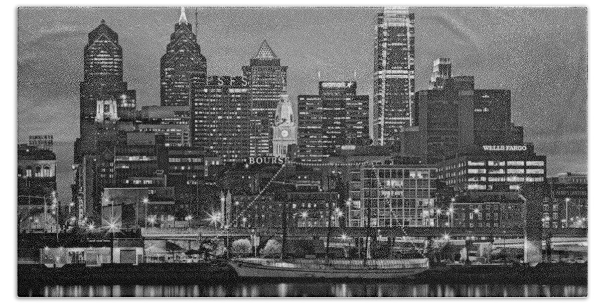Philadelphia Skyline Beach Towel featuring the photograph Welcome To Penn's Landing BW by Susan Candelario