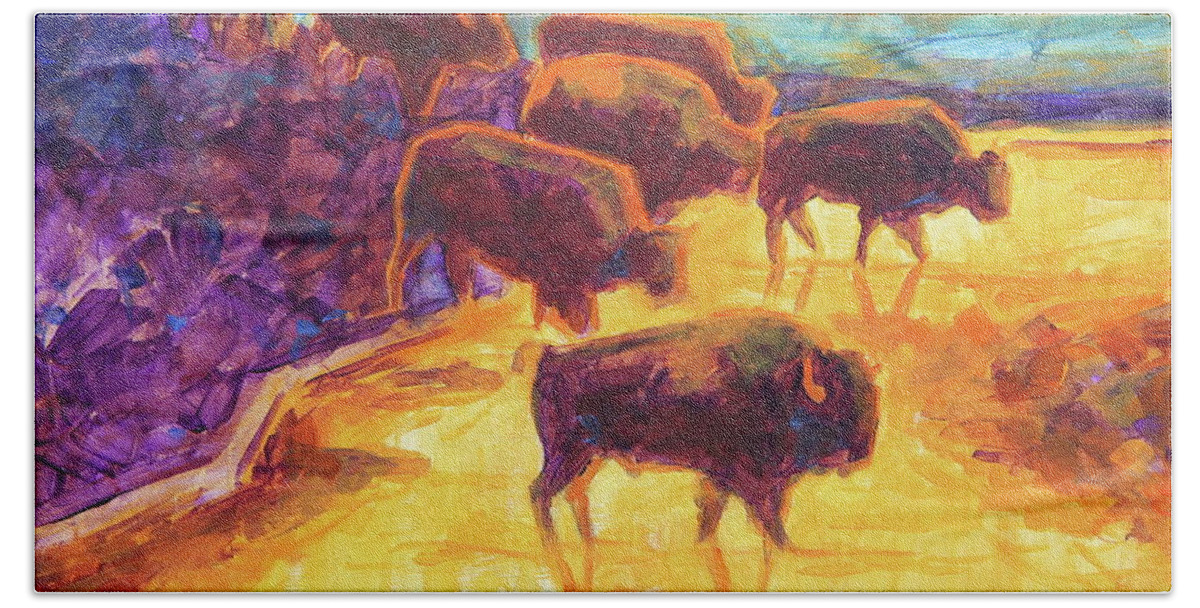 Western Buffalo Art Beach Towel featuring the painting Western Buffalo Art Bison Creek Sunset Reflections painting T Bertram Poole by Thomas Bertram POOLE