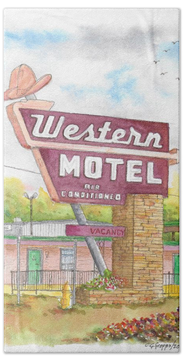 Western Motel Beach Towel featuring the painting Western Motel in Bethany, Oklahoma by Carlos G Groppa