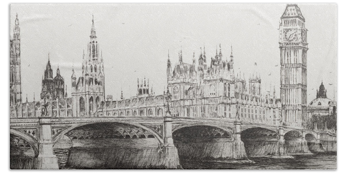 Bridge Beach Towel featuring the drawing Westminster Bridge by Vincent Alexander Booth