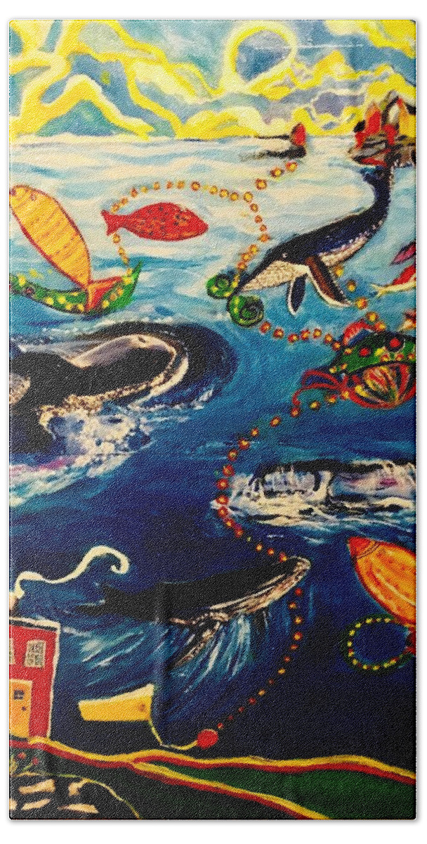 Seascape Beach Sheet featuring the mixed media Whale of a Time by Myra Evans