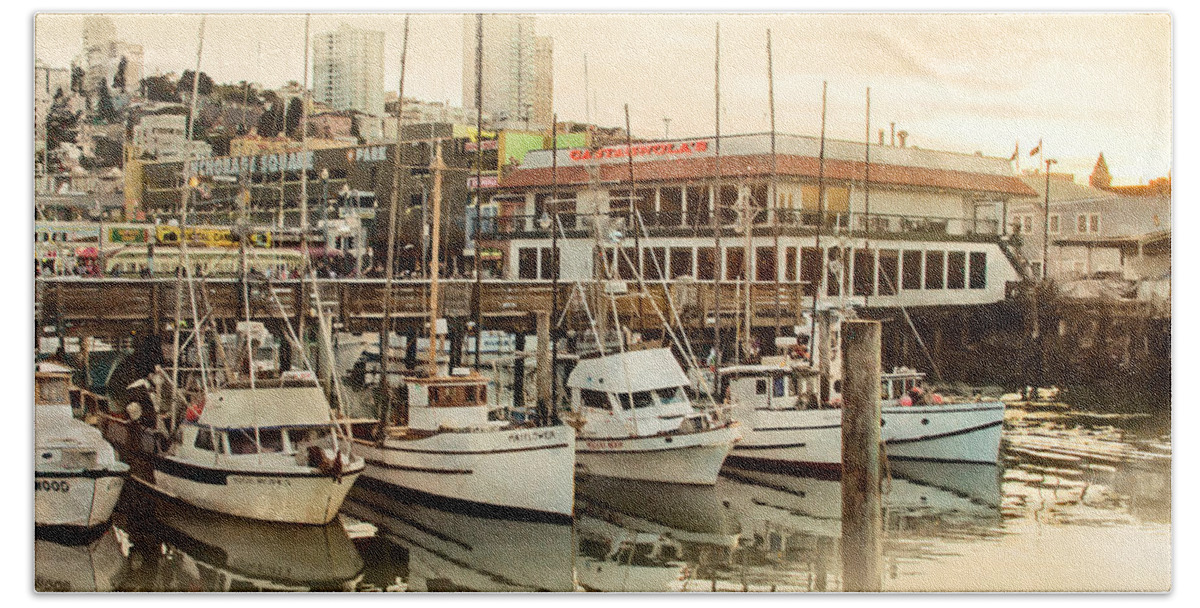 Wharf Boats Near End Of Day Beach Towel featuring the photograph Wharf Boats Near End of Day by Bonnie Follett