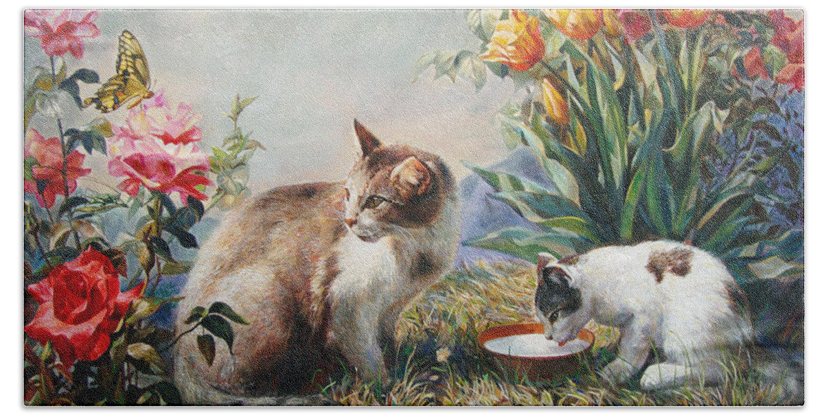 Milk Beach Towel featuring the painting What a Girl Kitten Wants by Svitozar Nenyuk