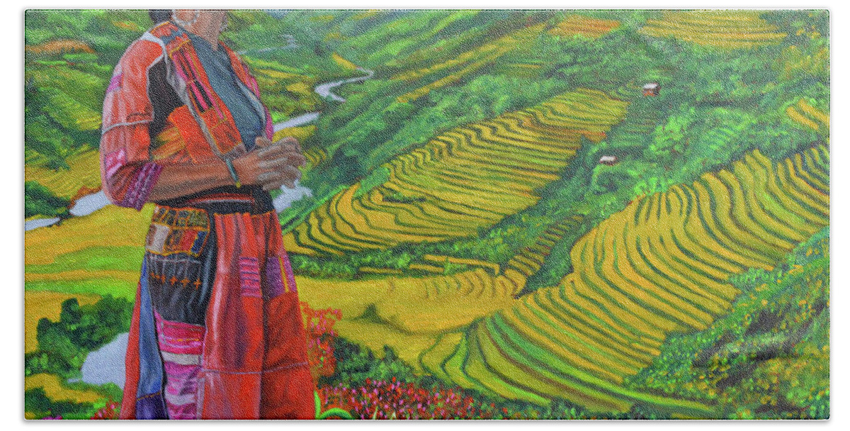 Hmong Woman Beach Towel featuring the painting What If by Thu Nguyen