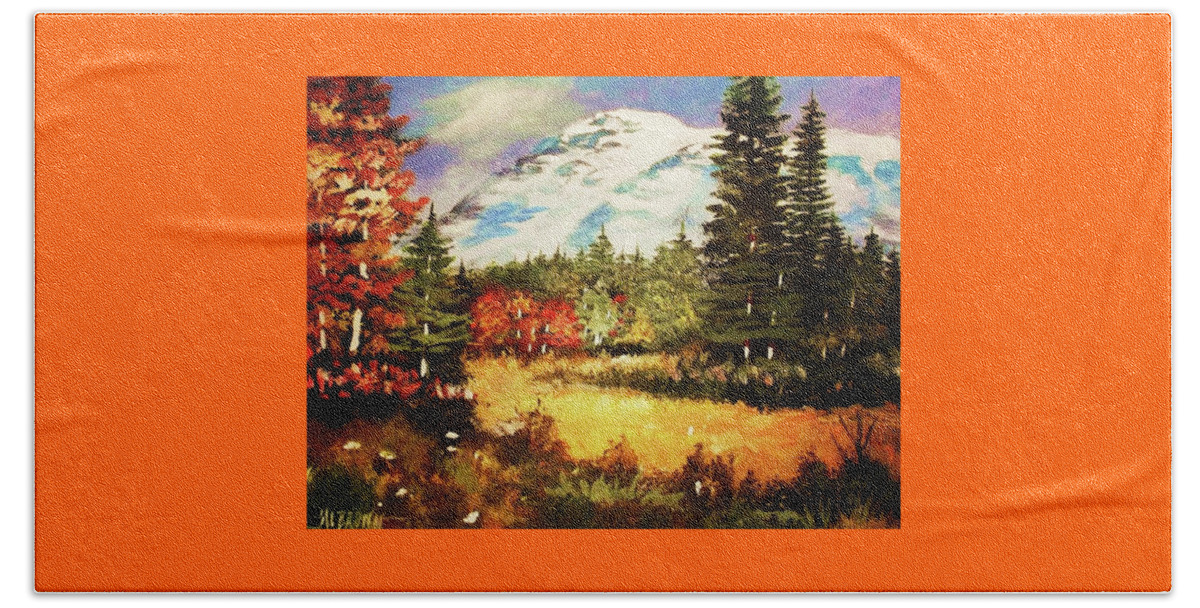 Mountains Beach Towel featuring the painting When Nature exploits her colors by Al Brown