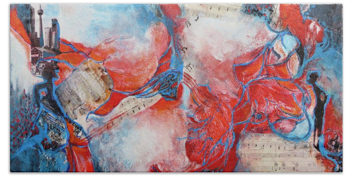 Abstract Beach Sheet featuring the painting Where My Heart Lies by Myra Evans