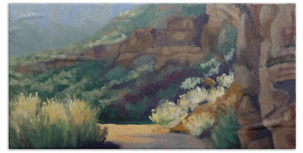 Utah Landscape Beach Sheet featuring the painting Where the Road Bends by Sandy Fisher
