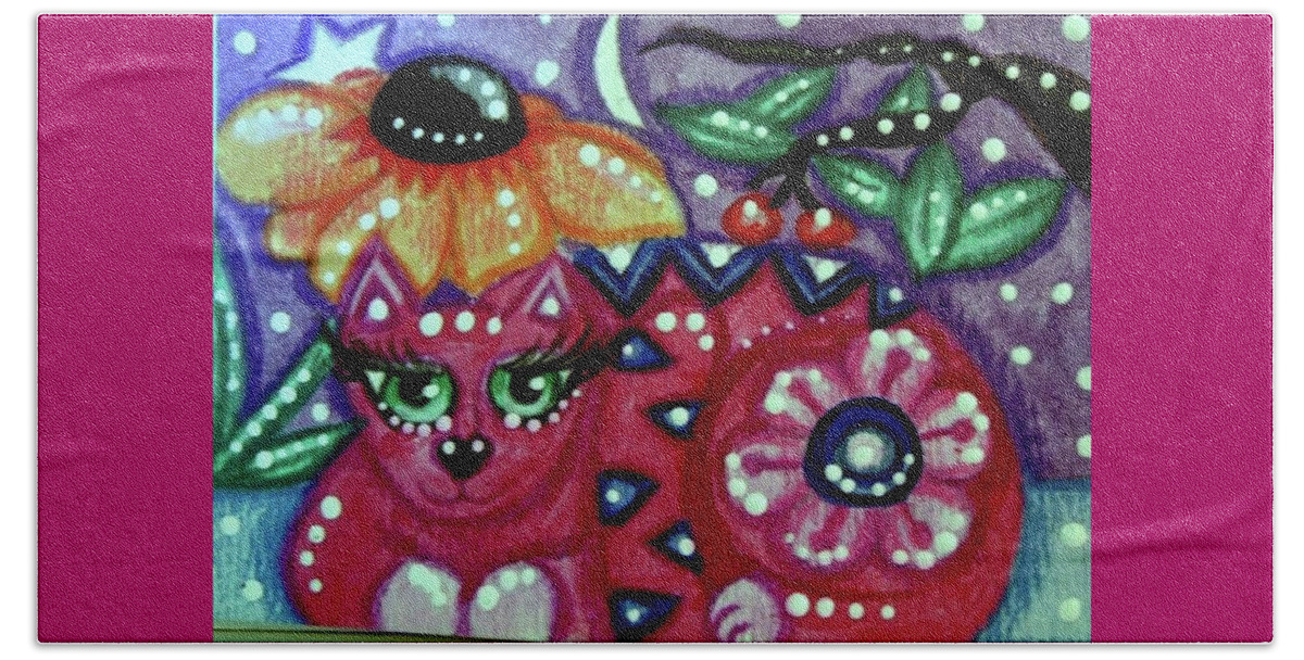 Kitty Beach Towel featuring the painting Whimsical Kitty Cat with Black Eyed Susan by Monica Resinger