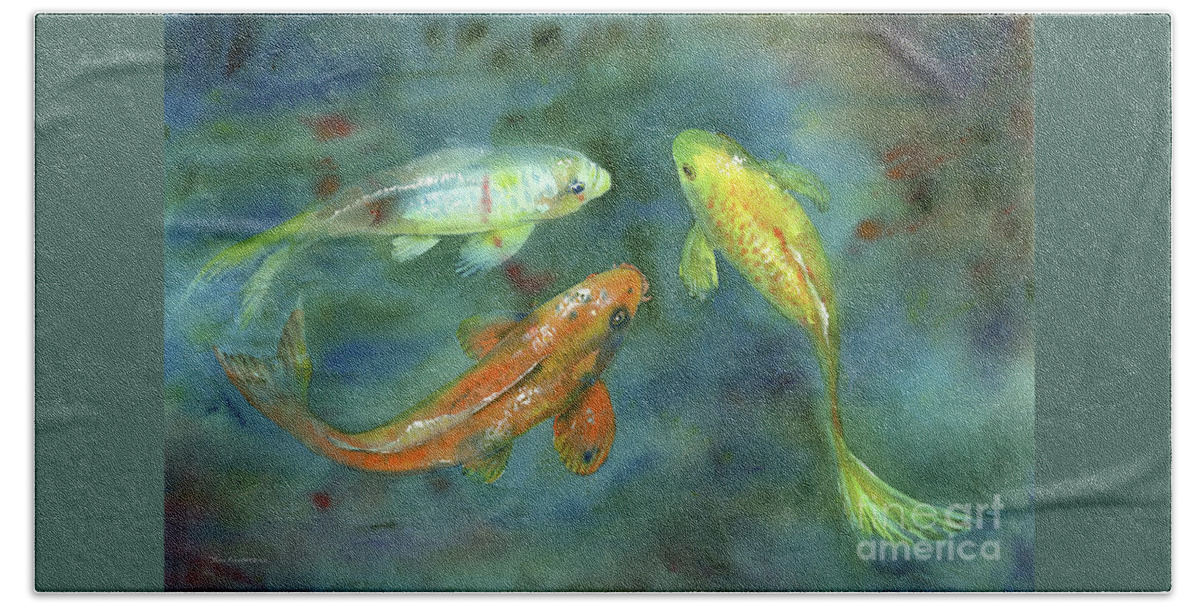 Watercolor Koi Beach Towel featuring the painting Whispering Koi by Amy Kirkpatrick