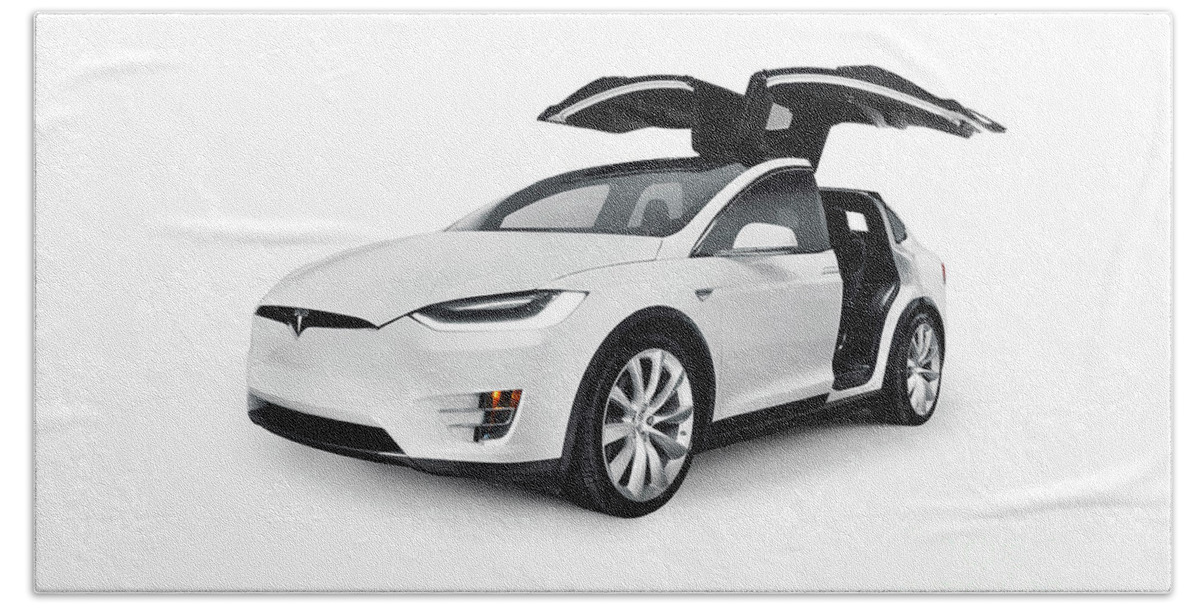 Tesla Beach Towel featuring the photograph White 2017 Tesla Model X luxury SUV electric car with open falco by Maxim Images Exquisite Prints